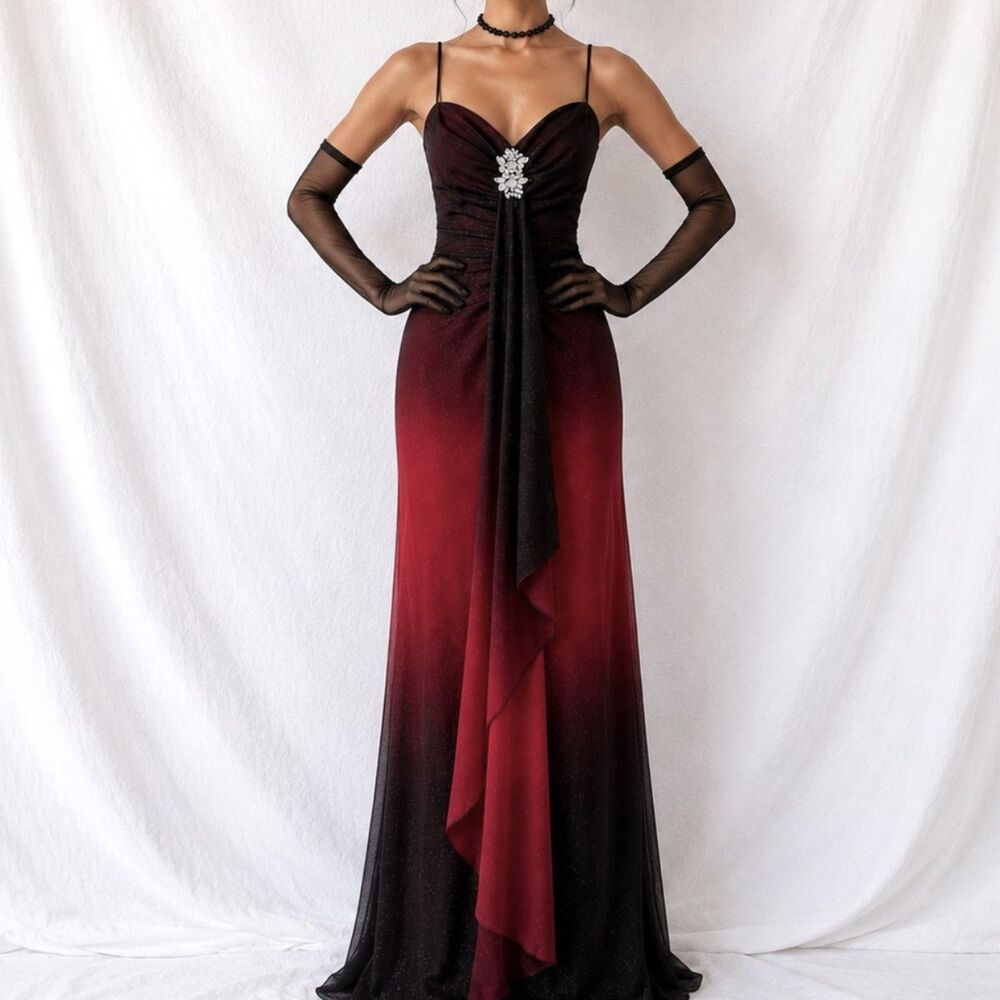 Vintage Y2K Burgundy Red Glitter Rhinestone Knit Ruffle Maxi Prom Dress Size M
